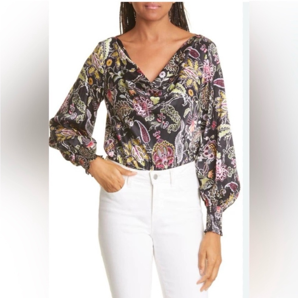 Cinq À Sept Ranya Paisley Silk Blouse Size XS Multicolor Smocked flowy sleeve